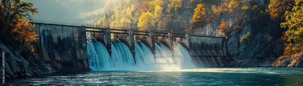 Beautiful autumn scenery featuring a hydroelectric dam with cascading water, surrounded by colorful trees and mountains. Beautiful autumn scenery featuring a hydroelectric dam with cascading water, surrounded by colorful trees and mountains.