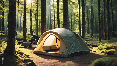 A photo of a camping tent. The tent is set up in a beautiful forest. The background is a beautiful green forest.