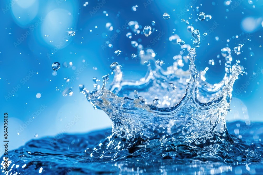 A splash of water in the air with a blue background. The water is falling in a circular shape A splash of water in the air with a blue background. The water is falling in a circular shape