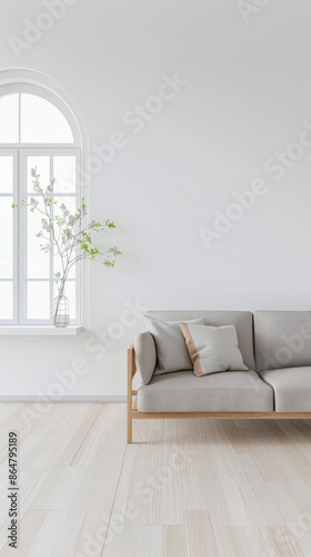 Apartment room with a minimalist interiors composition with minimal furniture or arrangements and copy space for text. Premium residential Real Estate concept image.