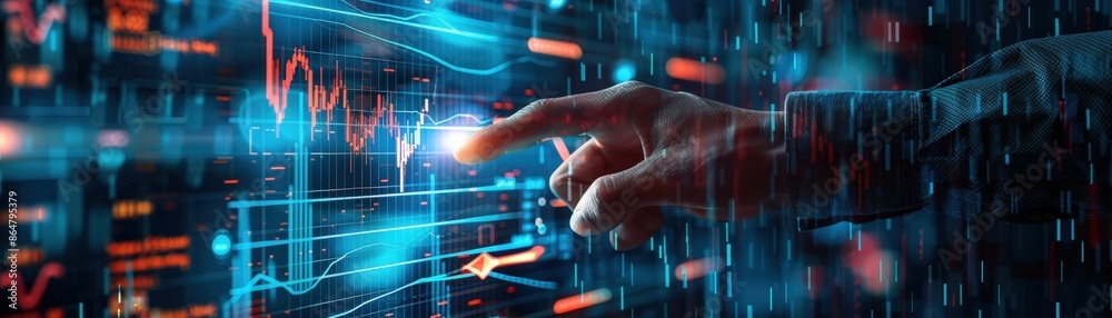 Hand interacting with digital financial graphs and charts, representing futuristic data analysis and technology in a modern business environment. Hand interacting with digital financial graphs and charts, representing futuristic data analysis and technology in a modern business environment.