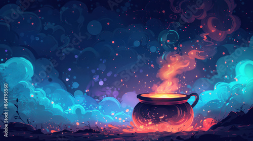 simple cauldron with abstract bubbles rising from it, using minimalistic design and a dark background to create a witchy, Halloween-themed scene