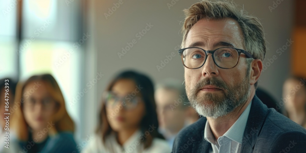 A man with glasses is sitting in a classroom with other people. He is looking at the camera A man with glasses is sitting in a classroom with other people. He is looking at the camera