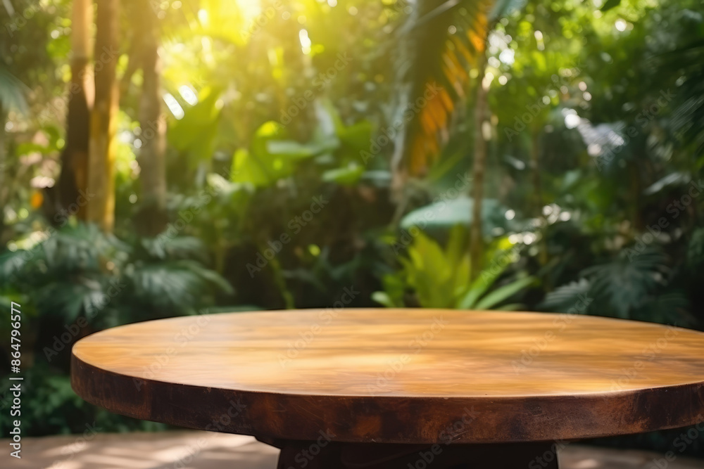 Empty Wooden Table Surface with Lush Tropical Forest Backdrop - Perfect for Nature, Greenery, and Outdoor Projects Featuring Natural Plant Foliage Empty Wooden Table Surface with Lush Tropical Forest Backdrop - Perfect for Nature, Greenery, and Outdoor Projects Featuring Natural Plant Foliage