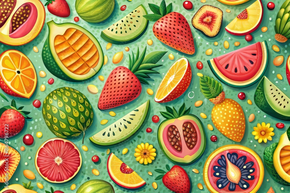 Vibrant abstract poster design featuring colorful melon, mango, strawberry, and avocado illustrations with playful patterns, price tags, and simple backgrounds for commercial use. Vibrant abstract poster design featuring colorful melon, mango, strawberry, and avocado illustrations with playful patterns, price tags, and simple backgrounds for commercial use.