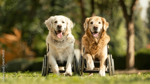 Disabled dogs in wheelchairs enjoying a run in a beautiful park, lush green grass, cheerful demeanor, vibrant and inspiring moment