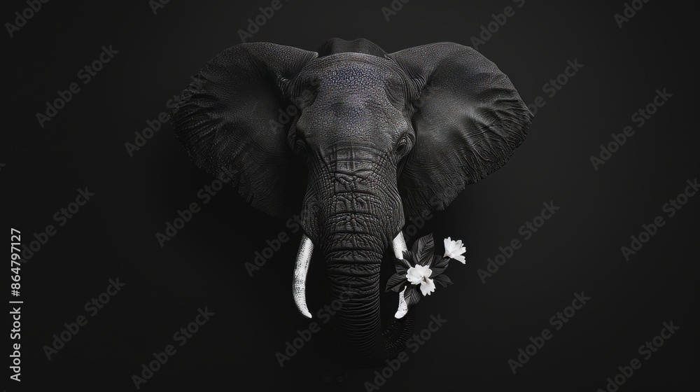 Fototapeta premium Elephant head in black and white, exquisite detail, black background, stark and captivating contrast