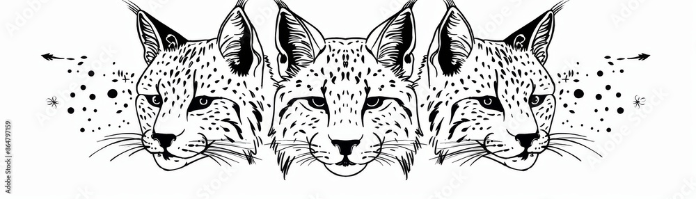 Triple lynx head illustration in black ink, showcasing intricate details and artistic style on a white background. Triple lynx head illustration in black ink, showcasing intricate details and artistic style on a white background.