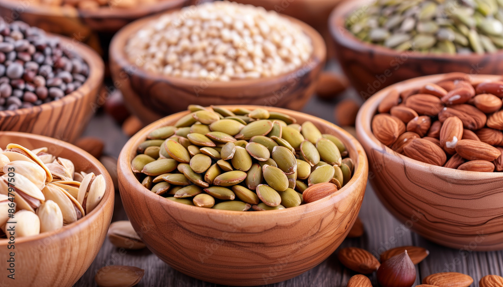 Fototapeta premium Assorted seeds and nuts in wooden bowls, featuring pumpkin seeds, almonds, and more, perfect for healthy eating and culinary use.