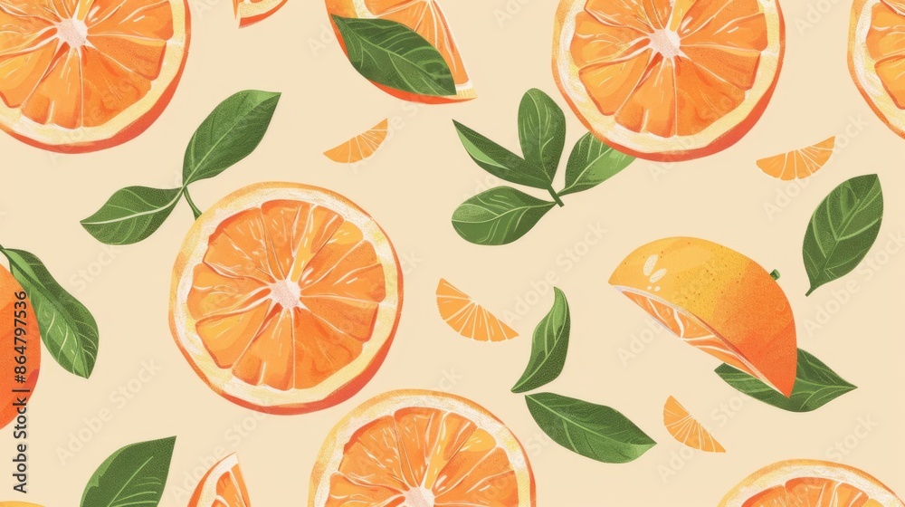 A flat-style illustration of juicy tangerine segments, leaves, and a vibrant orange background
