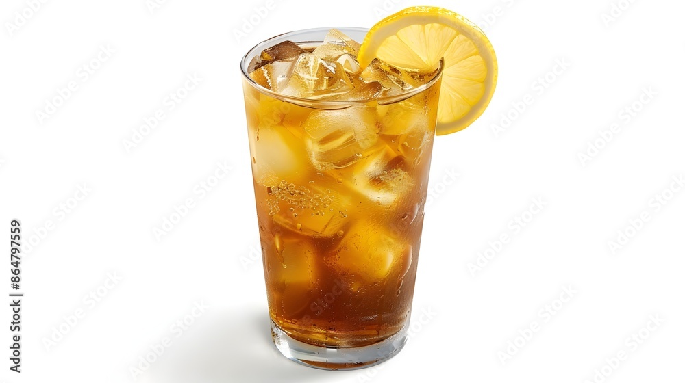 Chilled Iced Tea Refreshment with Lemon Slice and Ice Cubes on White Background Chilled Iced Tea Refreshment with Lemon Slice and Ice Cubes on White Background