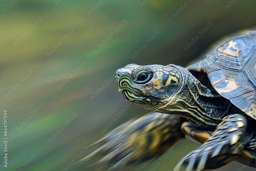 Fast-moving turtle, speed and wildlife concept Fast-moving turtle, speed and wildlife concept