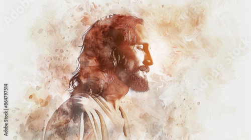 Biblical Illustration of Jesus with Light Shining, Watercolor Style, Faith and Illumination, Beige Background, copyspace