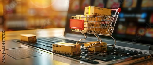 Online shopping e-commerce and customer experience concept: cashiers with shopping cart on a laptop keyboard, depict shopper consumers buy or purchase goods and services at home or office