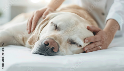 Close-up of a sleeping dog being gently pet by a person in a cozy setting, conveying comfort and relaxation.