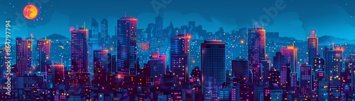 Vibrant night cityscape with skyscrapers and a full moon in the background. The city lights create a dynamic and bustling urban scene.