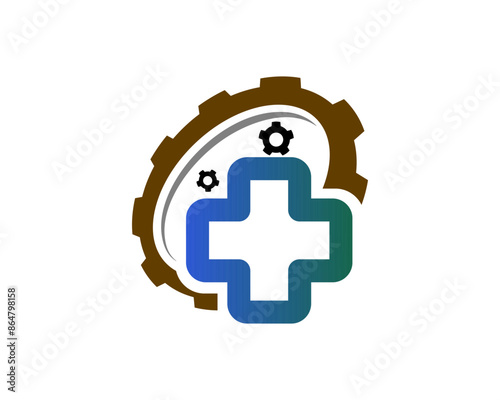 cross health with gear system technician machine logo icon symbol design template