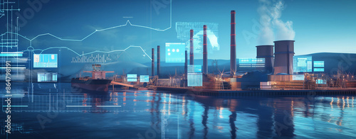 A futuristic digital oil plant with holographic data visualization, showcasing the integration of AI and big data in industrial analysis and control systems