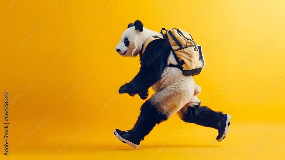 person in panda bear costume with backpack running isolated on yellow. person in panda bear costume with backpack running isolated on yellow.