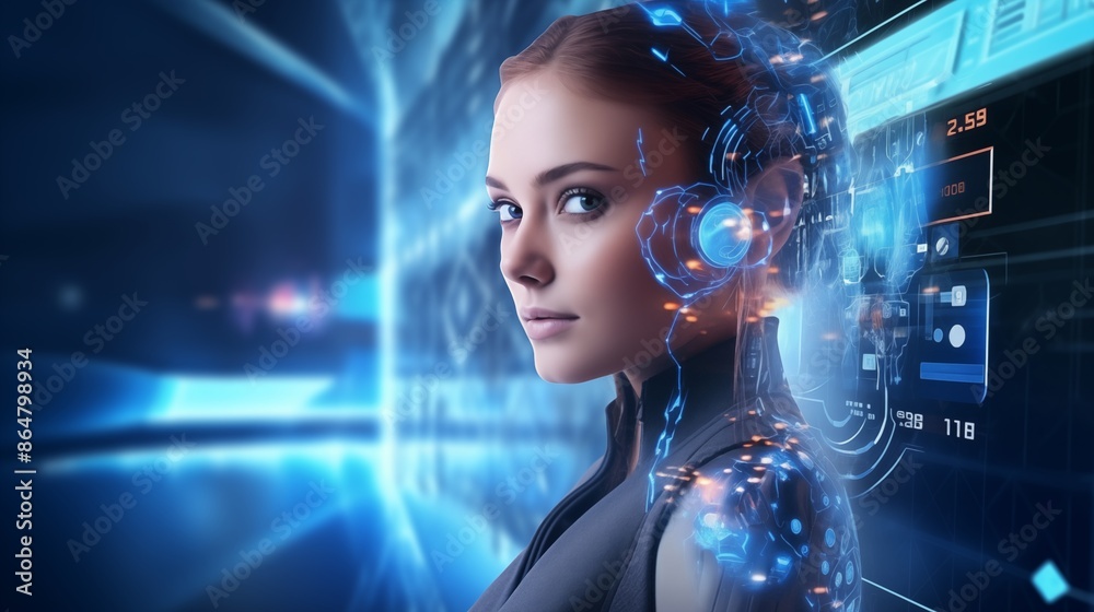 Futuristic Woman with Advanced Technological Enhancements in a Neon-Glowing Digital Interface Futuristic Woman with Advanced Technological Enhancements in a Neon-Glowing Digital Interface