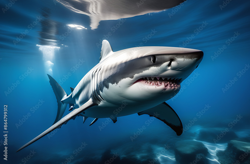 A large, beautiful, white shark in the sea, in its natural habitat. A large, beautiful, white shark in the sea, in its natural habitat.
