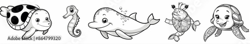 Cute Sea Animals Coloring Page - Crab, Dolphin, Turtle, Seahorse, Fish - Kids Cartoon Vector Art photo