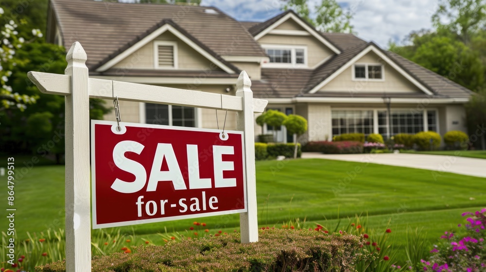 House for sale. A stunning real estate photograph of a suburban home with a House for sale. A stunning real estate photograph of a suburban home with a