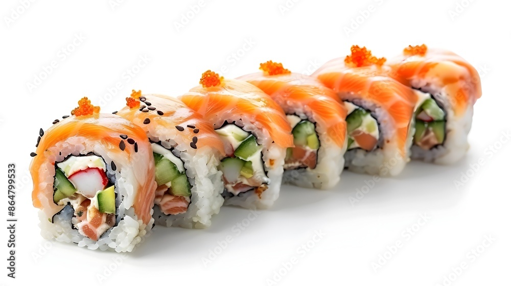 Delectable Sushi Rolls Artfully Arranged on a Pristine White Surface Delectable Sushi Rolls Artfully Arranged on a Pristine White Surface