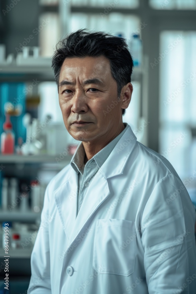 22. Portrait of an Asian quality assurance manager supervising lab tests, high detail, photorealistic, serious expression, bright lab 22. Portrait of an Asian quality assurance manager supervising lab tests, high detail, photorealistic, serious expression, bright lab