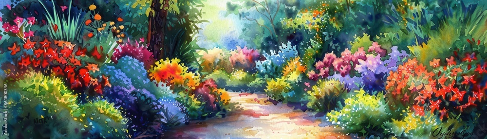 A secluded garden with vibrant flowers in full bloom, Quiet, Watercolor, Bright Colors, Highlighting the calm and beauty of nature A secluded garden with vibrant flowers in full bloom, Quiet, Watercolor, Bright Colors, Highlighting the calm and beauty of nature