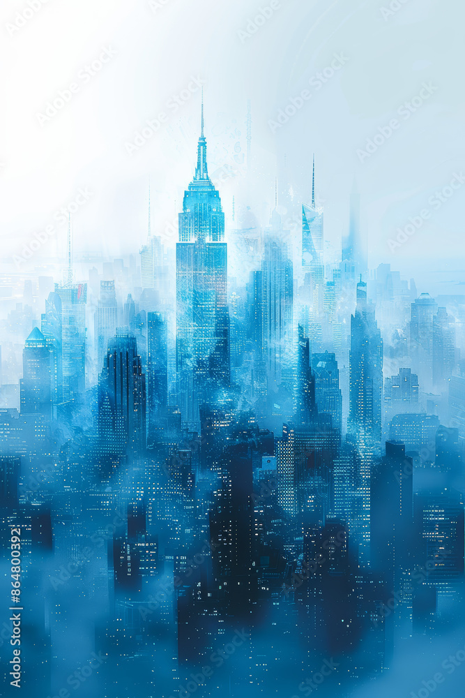 Fototapeta premium Futuristic Cityscape in Blue Hues with Mist and Skyscrapers