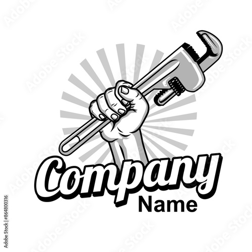 hand holding pipe wrench, plumbing logo vector illustration, Design element for logo, poster, card, banner, emblem, t shirt. Vector illustration