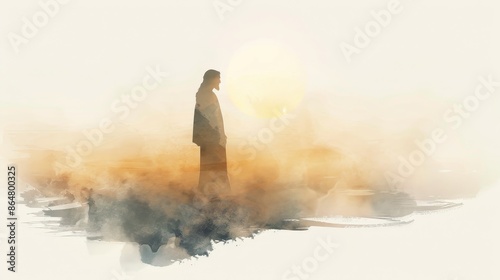Minimalist Jesus Silhouette Against Gradient Sunset, Simplicity and Peace, Biblical Illustration, Beige Background, copyspace