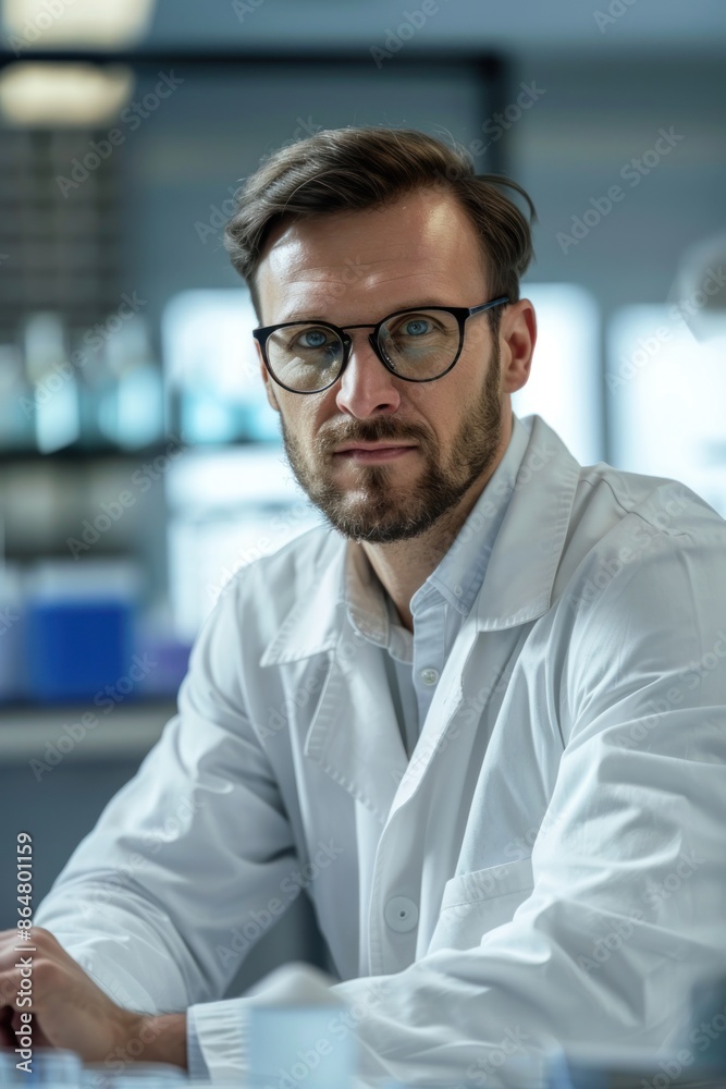 22. Portrait of a Western quality assurance manager supervising lab tests, high detail, photorealistic, serious expression, bright lab 22. Portrait of a Western quality assurance manager supervising lab tests, high detail, photorealistic, serious expression, bright lab