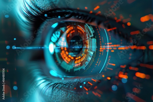 Close-up of a human eye enhanced with futuristic digital technology, representing cyber security and artificial intelligence. photo