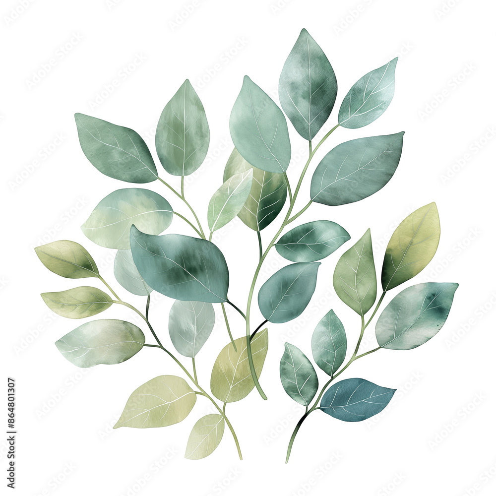 Watercolor Green and Blue Botanical Leaves on White Background Minimalist Nature Art Watercolor Green and Blue Botanical Leaves on White Background Minimalist Nature Art
