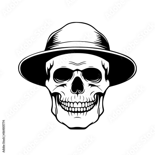 Skull Wearing Wide-Brim Hat Illustration, Black and white illustration of a skull adorned with a wide-brim hat, combining classic fashion and spooky elements.
