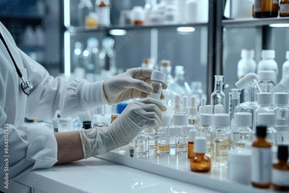 53. Close-up of a quality control inspector's hands testing cosmetic formulas, high detail, photorealistic, bright lab setting 53. Close-up of a quality control inspector's hands testing cosmetic formulas, high detail, photorealistic, bright lab setting