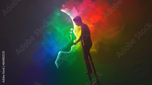 Colorful Artistic Portrait Creation with Man on Ladder