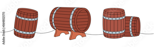 Old wooden barrels one line colored continuous drawing. Beer pub products continuous one line illustration. Vector linear illustration.