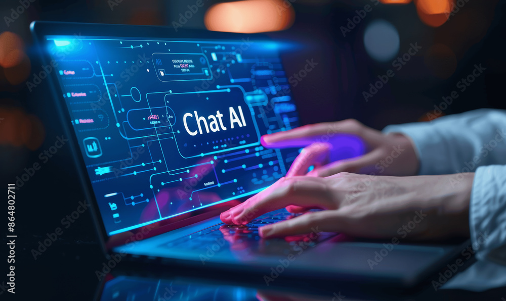 Man Chatting with AI Bot Online for Support Using Laptop, Virtual AI Assistant Help Service in Digital Technology Network Connection Man Chatting with AI Bot Online for Support Using Laptop, Virtual AI Assistant Help Service in Digital Technology Network Connection