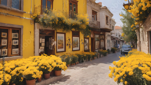 Fototapeta Naklejka Na Ścianę i Meble -  An art gallery on the corner of the street among the flowers in the streets of Alaçatı. yellow atmosphere