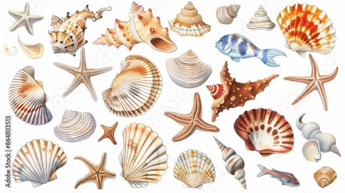 Composition of seashells and cartoon fish on a white background
