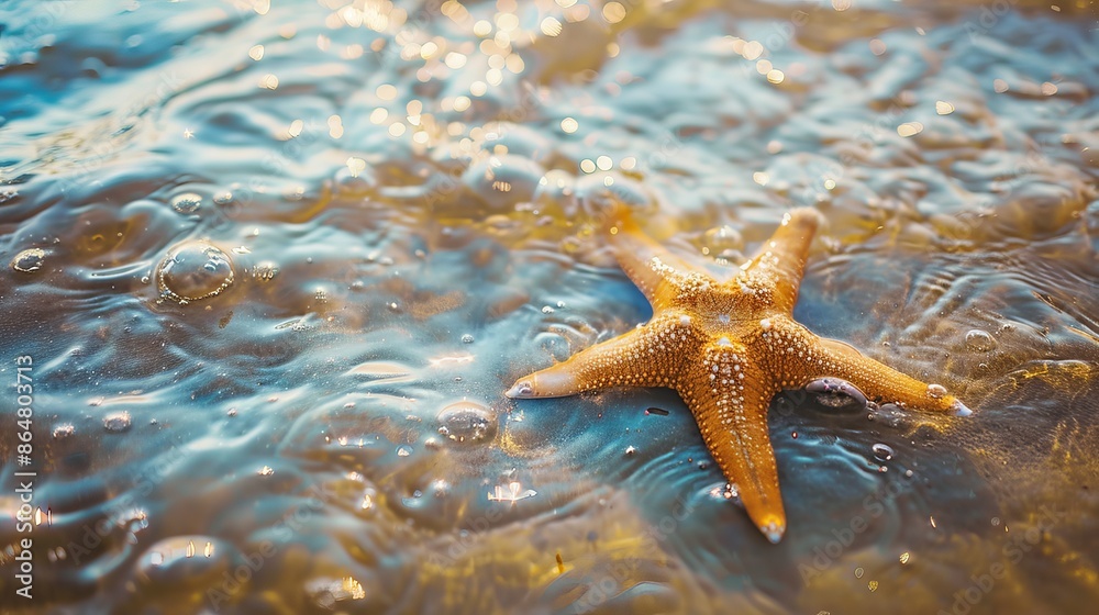 A starfish rests in the shallow sea water on a summer beach, creating a serene and inviting summer background.