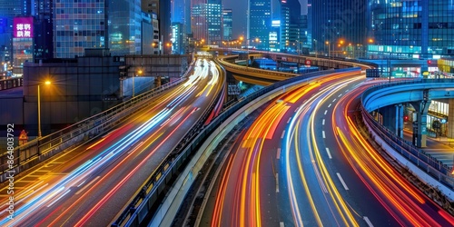 Long exposure image of a city highway at night, capturing dynamic light trails of vehicles and the vibrant energy of urban nightlife.