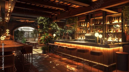 A modern bar with a cozy ambiance, featuring wooden beams and soft lighting. The bar is lined with potted plants and the shelves are stocked with an assortment of fine wines. © AR Arts