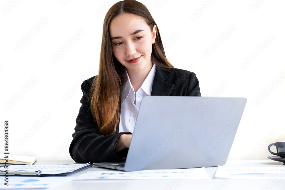 Businesswomen bookkeeper hand use laptop analysis the graph for Setting challenging business goals and ready to achieve target at home office Businesswomen bookkeeper hand use laptop analysis the graph for Setting challenging business goals and ready to achieve target at home office