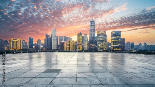 Empty square floor with city skyline background, Cityscape plaza featuring modern skyscrapers, dynamic composition