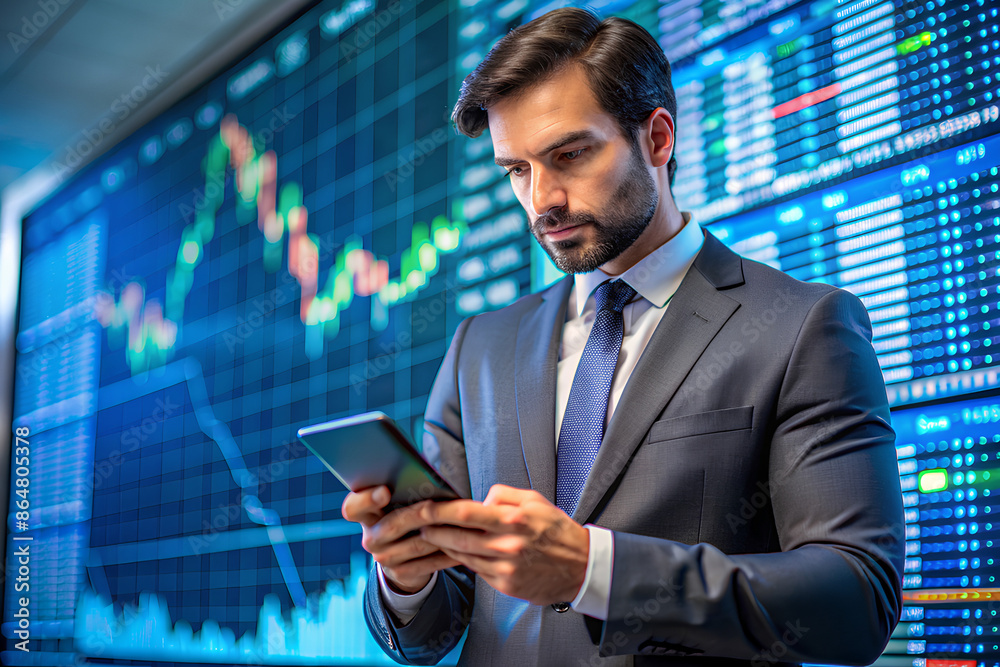 Businessman using a mobile device to check market data and currency exchange rates Businessman using a mobile device to check market data and currency exchange rates