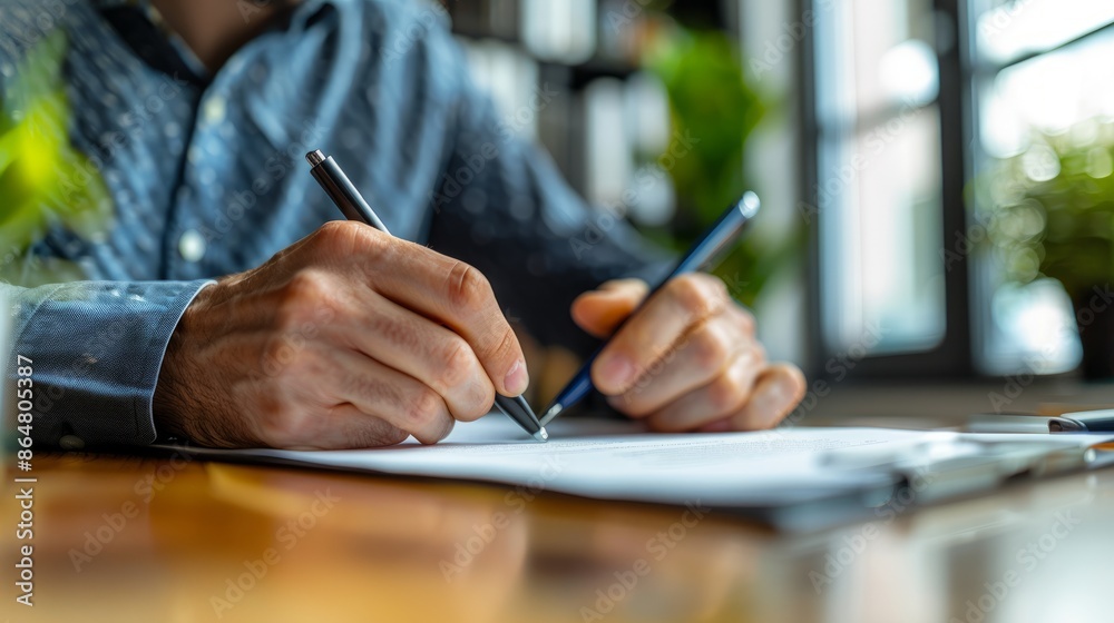 A professional lawyer was instructing his client to sign an official document. He was sitting at a desk, pen and paper in hand, mallet in hand. On a wooden desk was a vague office A professional lawyer was instructing his client to sign an official document. He was sitting at a desk, pen and paper in hand, mallet in hand. On a wooden desk was a vague office